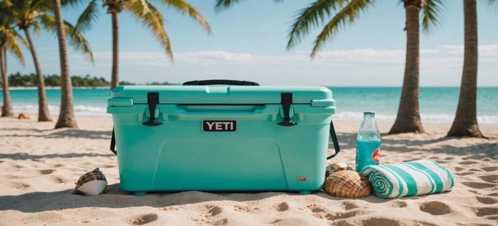 Friends carrying the best beach coolers across the sand for a day by the ocean.