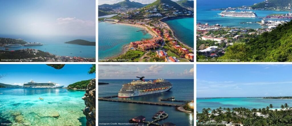 Collage of Eastern Caribbean cruise ports including St. Thomas, St. Maarten, Puerto Plata, and private islands.