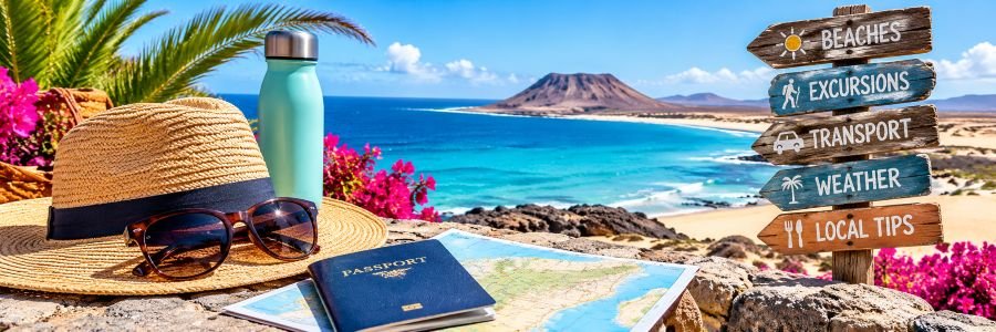 Straw sunhat, sunglasses, water bottle, passport, and travel map overlooking a turquoise beach, with wooden signs pointing to travel activities.