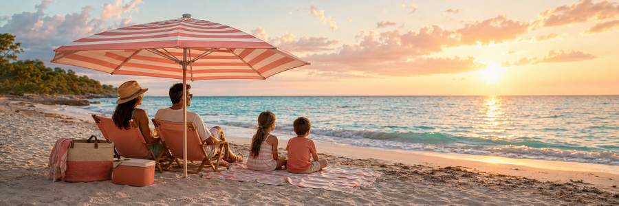 Family of four relaxing beneath a coral-striped beach umbrella while watching the sunset over the ocean.