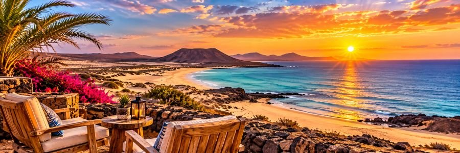Golden sunset over a turquoise bay and sandy coastline, with volcanic mountains, pink flowers, and a peaceful terrace with wooden chairs.