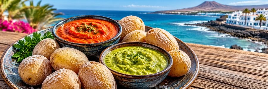 Traditional wrinkled potatoes served on a rustic ceramic platter with bowls of red and green sauces overlooking the ocean.