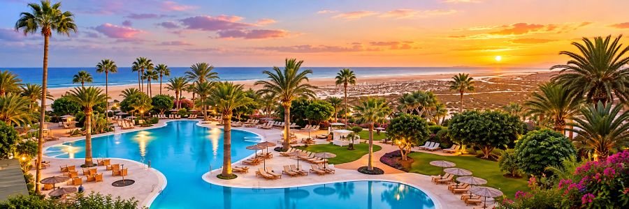Lagoon-style swimming pools surrounded by palm trees, tropical gardens, and lounge chairs overlooking the ocean at sunset.