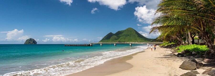 Plage du Diamant beach in Martinique with Diamond Rock offshore, palm trees, and turquoise Caribbean water