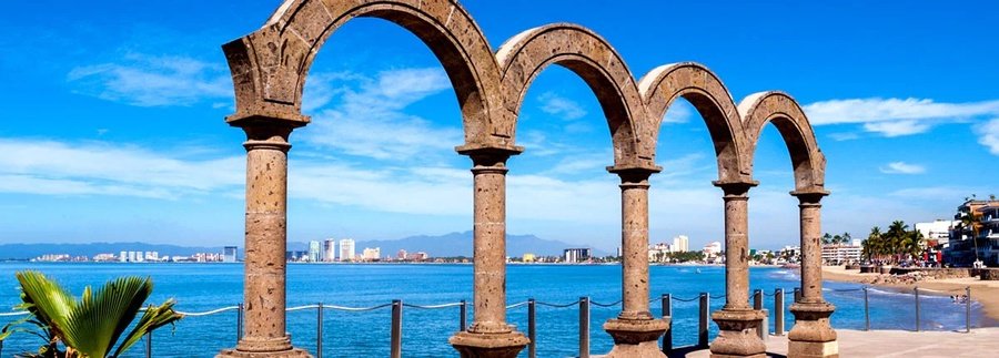 Puerto Vallarta Malecon arches overlooking the Pacific Ocean on the Mexican Riviera waterfront