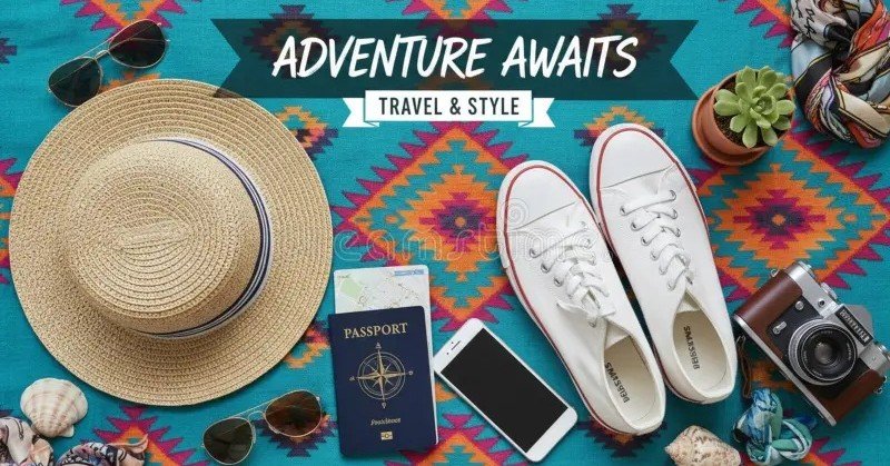Travel flat lay with passport, shoes, camera, hat, sunglasses, and phone on a colorful patterned background