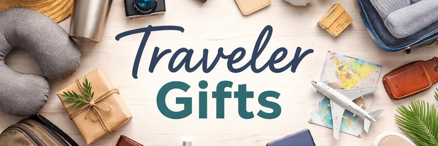 Traveler gift ideas banner featuring travel gear, accessories, and packing essentials for frequent travelers