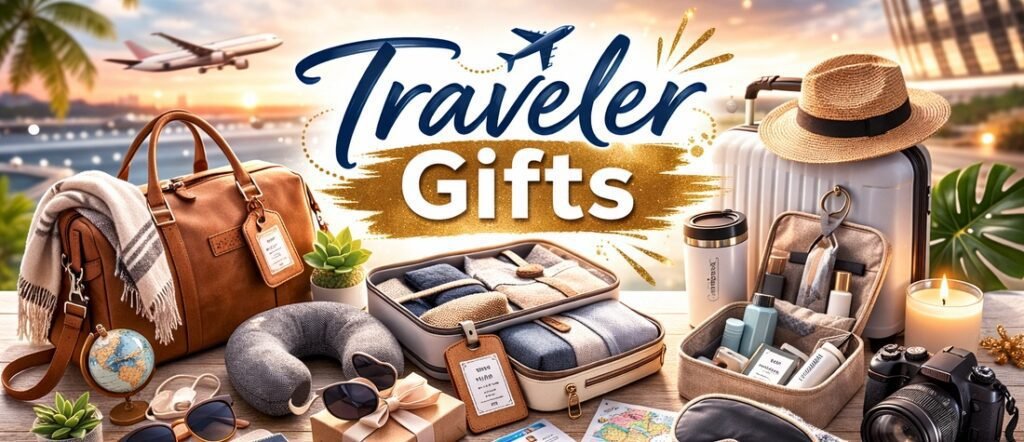 Traveler gifts hero image featuring travel accessories, luggage, tech gear, and thoughtful gift ideas for frequent travelers