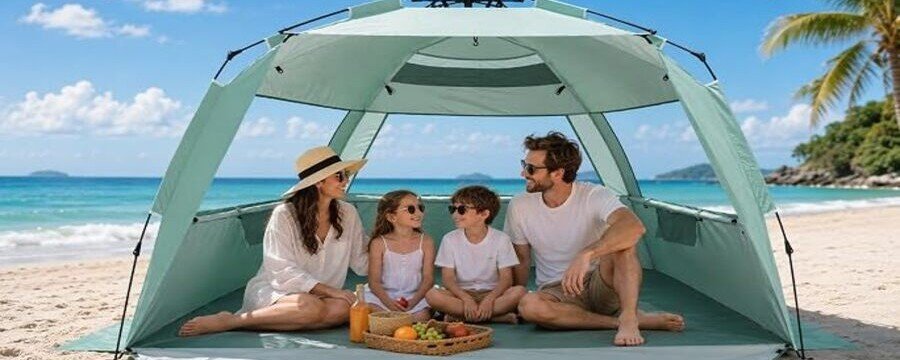 Family of four sitting inside a mint-green WhiteFang beach tent on a tropical sandy beach.