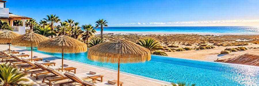 Turquoise infinity pool overlooking a sandy beach, with thatched umbrellas, cushioned lounge chairs, and palm trees under a clear blue sky.