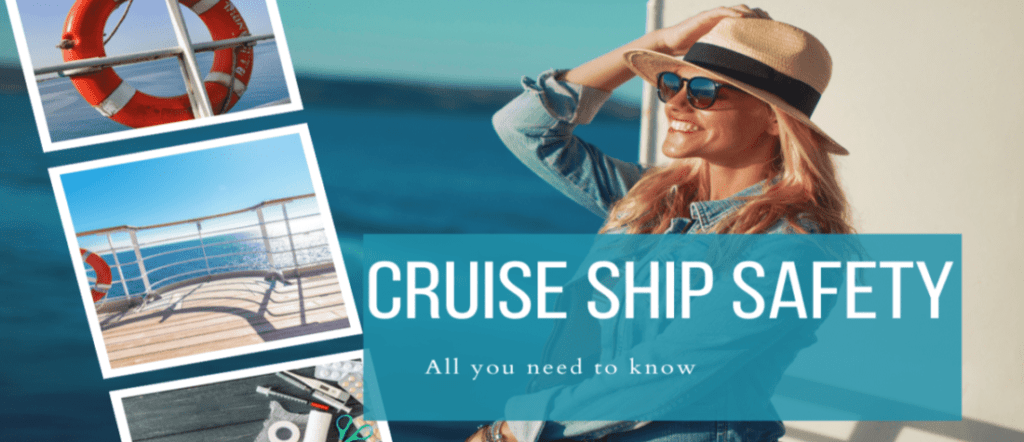 Cruise ship safety tips graphic showing lifebuoys, ship deck, and a traveler enjoying a safe cruise