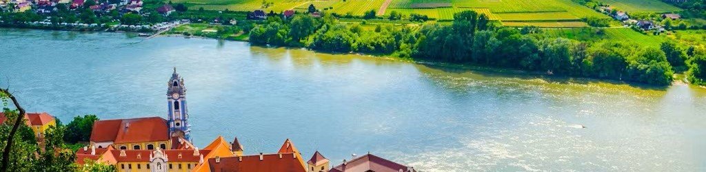 Melk Abbey overlooking the Danube River and surrounding countryside in Melk, Austria.