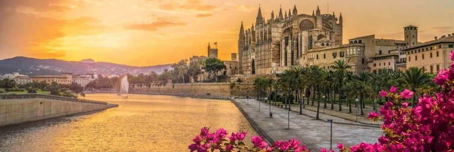 Palma de Mallorca Cathedral La Seu at sunset with golden light reflecting over the water and palm-lined promenade.
