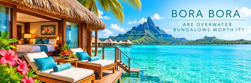 Luxury overwater bungalow in Bora Bora featuring a private wooden deck, comfortable loungers, turquoise lagoon waters, and Mount Otemanu.