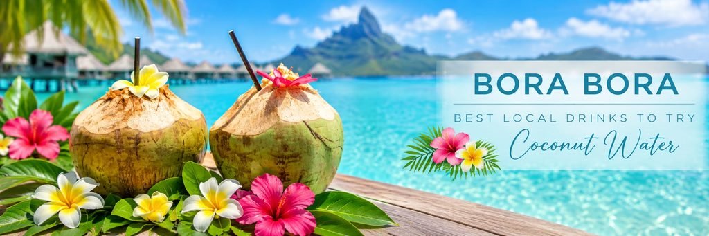 Fresh coconut drinks decorated with tropical flowers overlooking Bora Bora's turquoise lagoon, overwater bungalows, and Mount Otemanu.