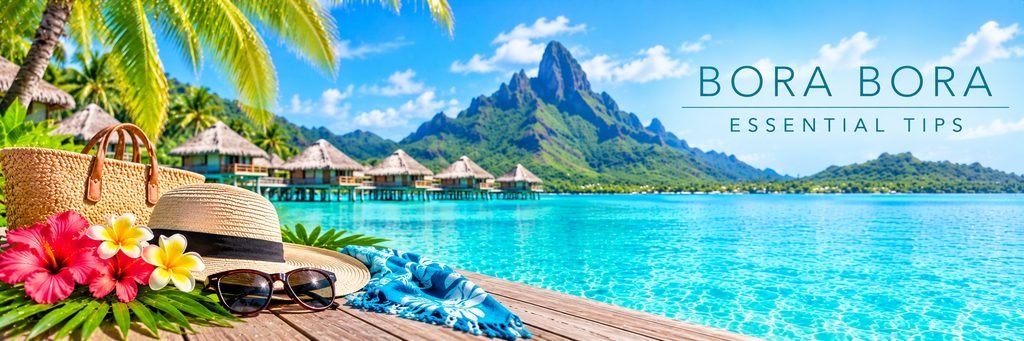 Straw beach hat, woven tote bag, sunglasses, and tropical flowers overlooking Bora Bora's turquoise lagoon, overwater bungalows, and Mount Otemanu.