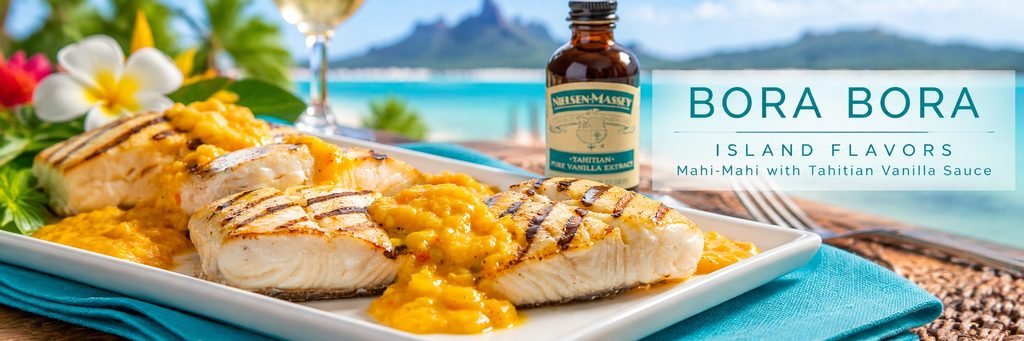 Grilled mahi-mahi with golden Tahitian vanilla sauce served on a white platter overlooking Bora Bora's turquoise lagoon.