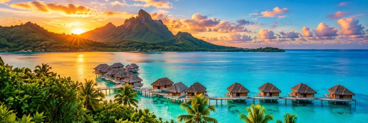 The Bora Bora turquoise lagoon with luxury overwater bungalows, lush tropical palms, and Mount Otemanu beneath a glowing sunset sky.
