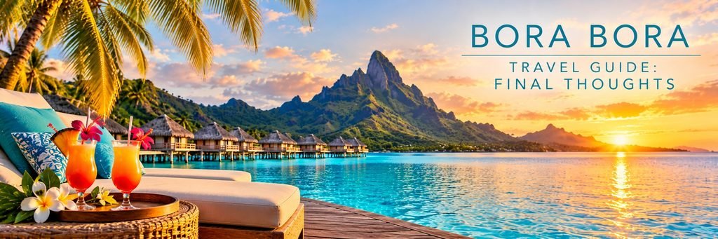 Golden sunset over Bora Bora's turquoise lagoon, with Mount Otemanu, overwater bungalows, tropical cocktails, and a luxurious waterfront lounge.