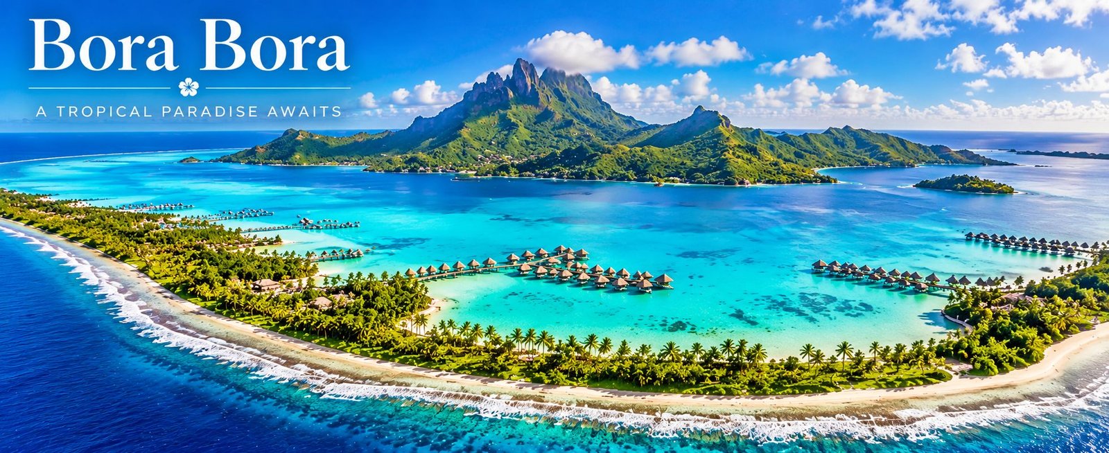 Aerial view of Bora Bora featuring Mount Otemanu, a brilliant turquoise lagoon, tropical islands, and luxury overwater bungalows.
