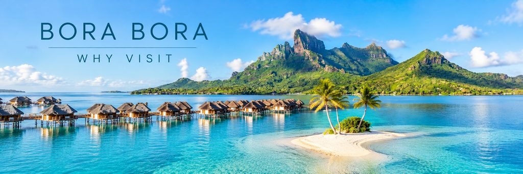 Panoramic view of Mount Otemanu, overwater bungalows, and a palm-covered sandbar surrounded by turquoise lagoon waters.