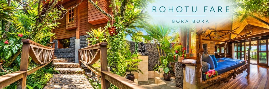 Rohotu Fare featuring a wooden villa surrounded by tropical gardens, an open-air bathroom with natural stonework, and a rustic bedroom with a handcrafted canopy bed.