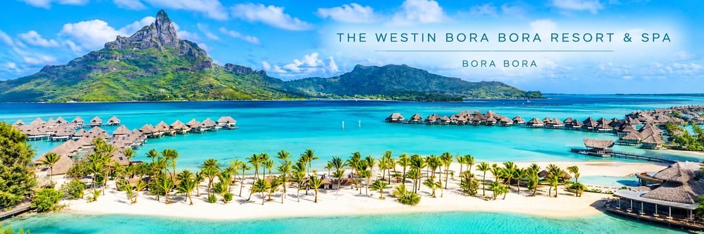 Panoramic view of The Westin Resort & Spa featuring a palm-lined white-sand beach, turquoise lagoon, overwater bungalows, and Mount Otemanu.