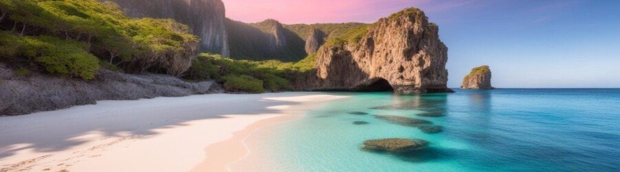 Secluded tropical beach with turquoise water, dramatic rocky cliffs, and soft white sand at sunrise.