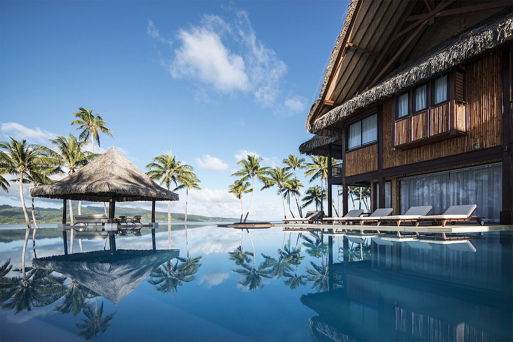 Infinity pool with palm trees and beachfront villas at Vahine Private Island Resort Title: