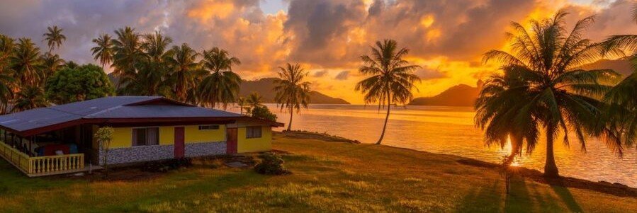Colorful sunrise over Huahine bay with palm trees and coastal home in French Polynesia