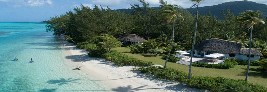 Motu Nao Nao in Raiatea with white sand beach, clear lagoon water, and private beachfront villas