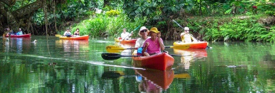 People kayaking along the Faaroa River surrounded by lush tropical jungle in Raiatea