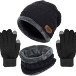 MAYLISACC Winter Knit Beanie Hat Neck Warmer Scarf and Touch Screen Gloves Set 3 Pcs Fleece Lined Skull Cap for Men Women, Best Items for an Alaskan Cruise