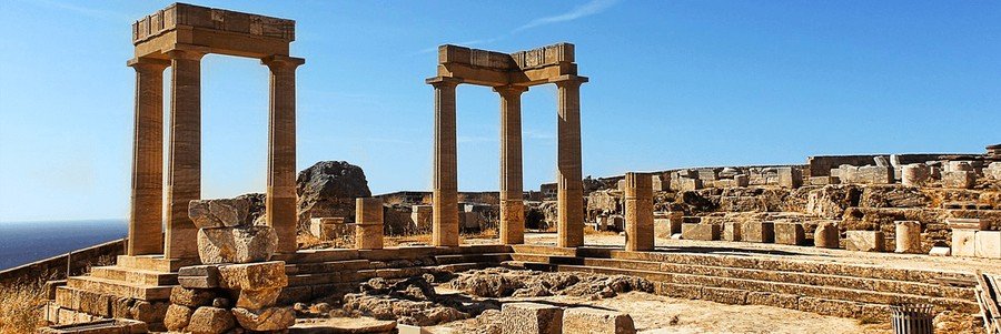 ancient stone ruins and columns overlooking the sea near Katakolon Greece