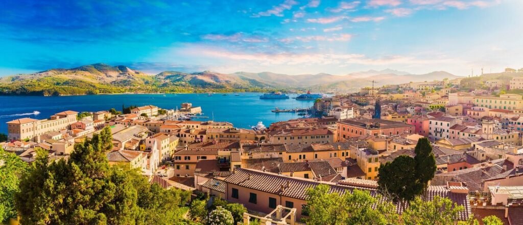Colorful cityscape of Livorno Italy overlooking the harbor and Tuscan coast