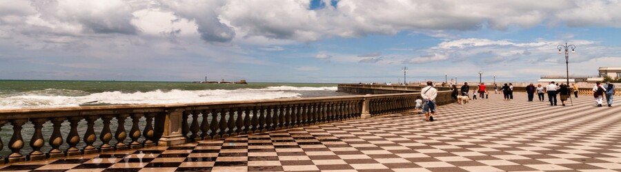 Terrazza Mascagni promenade in Livorno with black and white checkered floor