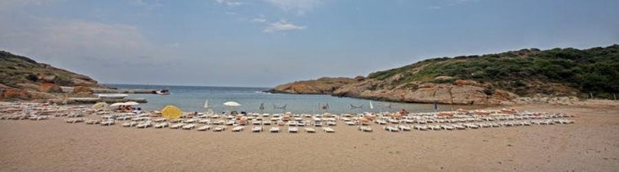 Golden Beach in Istanbul with sun loungers lined across the sandy shore, calm turquoise water, and rocky green hills in the background.