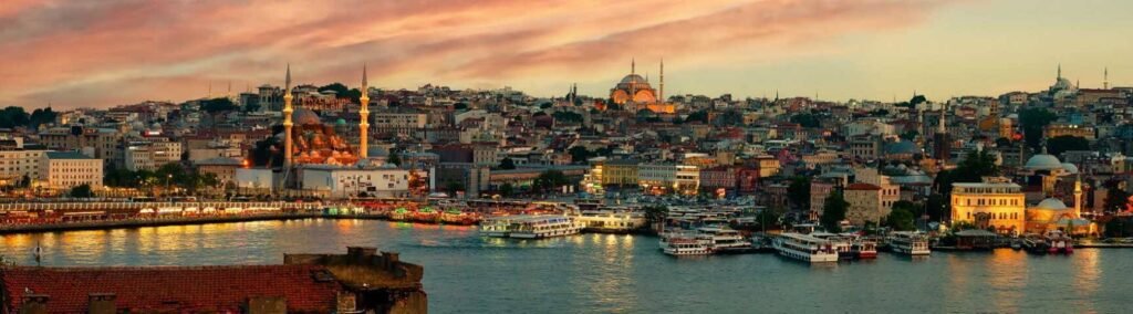 Istanbul City and Harbor at Dusk — evening view of Istanbul’s skyline, mosques, and harbor lights shining over the Golden Horn.