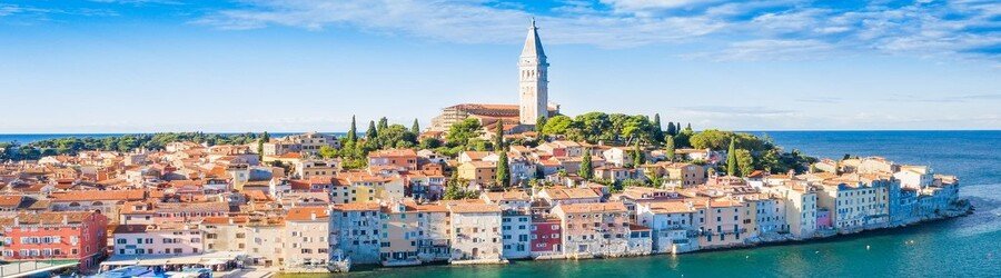 Aerial view of Rovinj Croatia with colorful old town buildings along the Adriatic Sea
