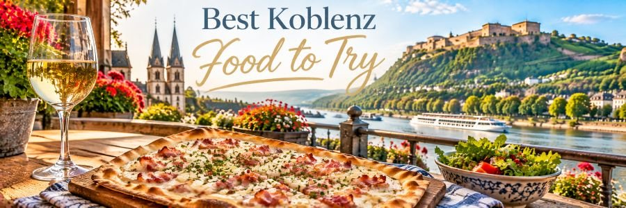 Flammkuchen with bacon and onions served with white wine overlooking the river and historic scenery in Koblenz, Germany.