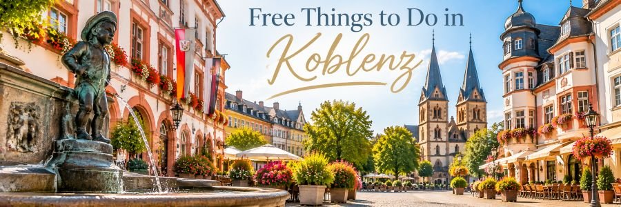 Schängel Fountain and colorful historic architecture in Koblenz Old Town, highlighting free things to see during a cruise port visit.