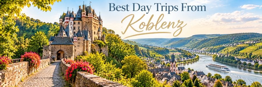 Fairytale castle overlooking the scenic Moselle Valley near Koblenz, with vineyards, a riverside town and cruise boat below.