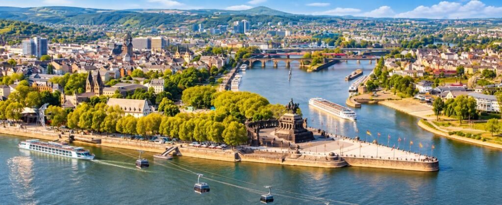 Aerial view of Deutsches Eck in Koblenz where the Rhine and Moselle rivers meet, with the Kaiser Wilhelm monument, cruise ships and cable cars.
