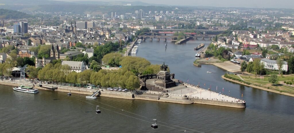 Deutsches Eck in Koblenz where the Rhine and Moselle Rivers meet.