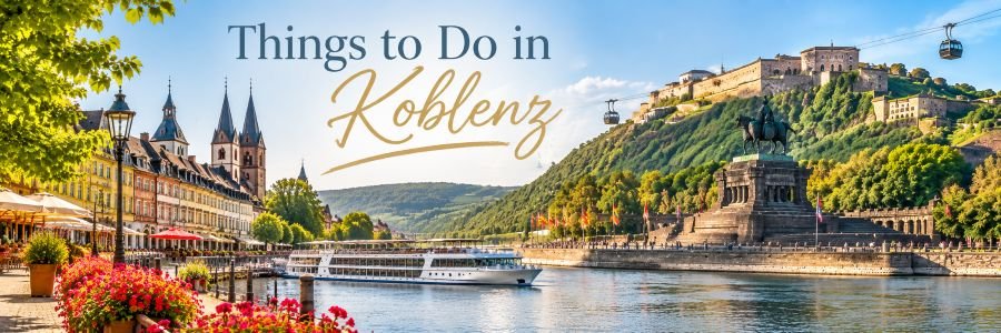 Scenic view of Koblenz, Germany, featuring the Rhine waterfront, Deutsches Eck, Ehrenbreitstein Fortress and cable cars above the river.