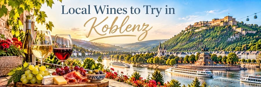 Glasses of Riesling and Pinot Noir with grapes and cheese overlooking the Rhine and Moselle rivers in Koblenz, Germany.