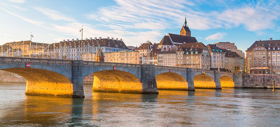 Mittlere Brücke bridge over the Rhine River in Basel Switzerland