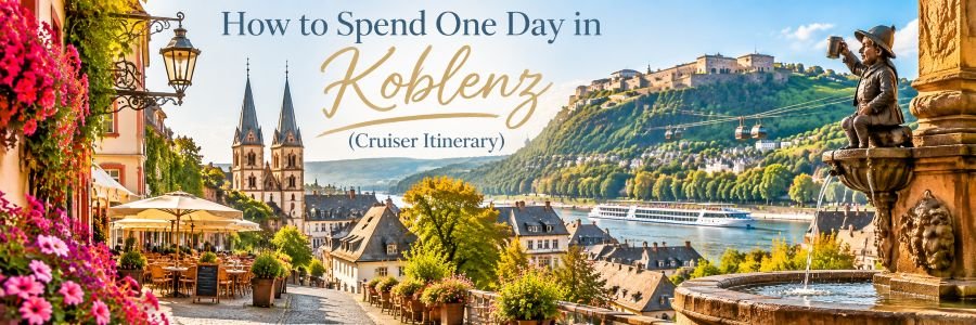 One-day Koblenz cruise itinerary featuring the Rhine waterfront, river cruise ship, Deutsches Eck, cable cars and Ehrenbreitstein Fortress.