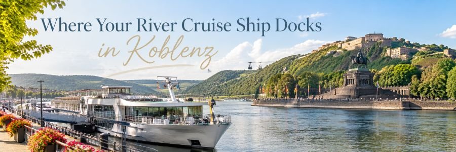 River cruise ship docked along the Rhine riverfront in Koblenz, Germany, near Deutsches Eck and Ehrenbreitstein Fortress.