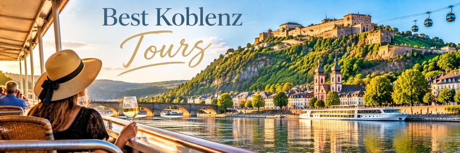 Traveler enjoying a scenic river cruise in Koblenz with wine, historic architecture, a stone bridge and Ehrenbreitstein Fortress in the background.